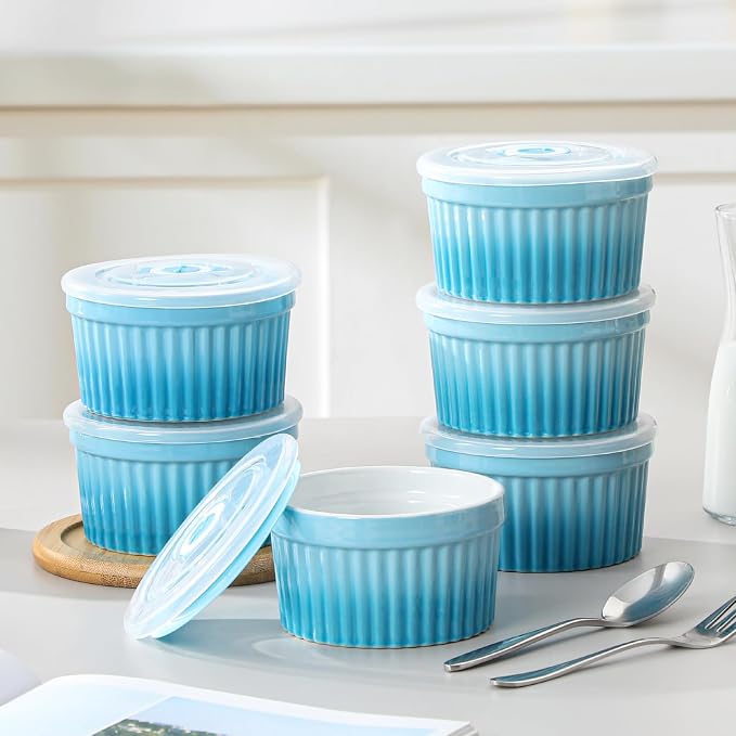 vancasso 6 oz Ramekins with Lid, Porcelain Creme Brulee Souffle Dishes, Blue Pudding Custard Cups Ramiken for Baking, Dishwasher and Oven Safe, Set of 6