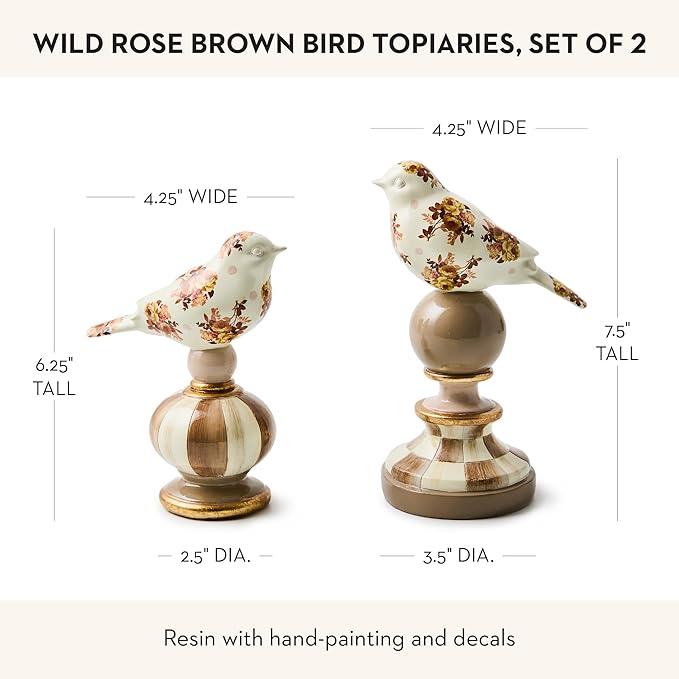 MACKENZIE-CHILDS Bird Topiaries, Decorative Bird Decor for Living Room or Bedroom Table Decor, Set of 2, Wild Rose Brown