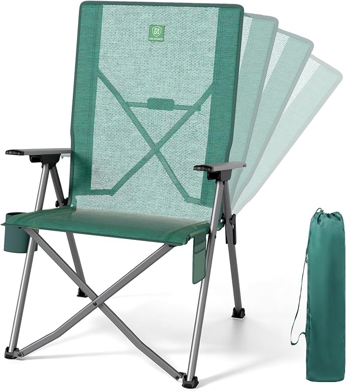 EVER ADVANCED Reclining Camping Chairs for Adult Lightweight, Portable Compact Folding Chair with High Back, 4-Level Recliner Chairs, Lawn Chair for Patio Balcony, Supports 350lbs, Stretch Mesh Green