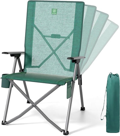 EVER ADVANCED Reclining Camping Chairs for Adult Lightweight, Portable Compact Folding Chair with High Back, 4-Level Recliner Chairs, Lawn Chair for Patio Balcony, Supports 350lbs, Stretch Mesh Green