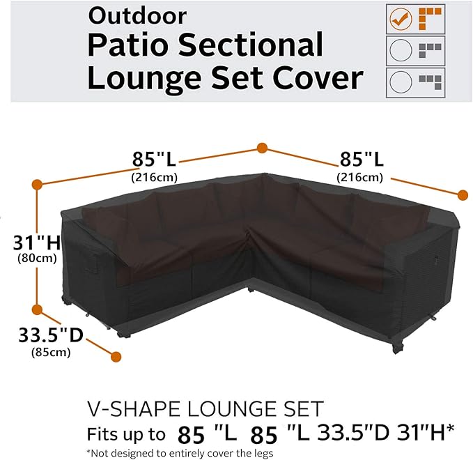 Heavy Duty Outdoor Sectional Cover, 85“ x 85" V-Shaped 5-Seater Waterproof 600D Patio Furniture Covers, Outside Lawn Patio Couch Protector(Midnight Black, V-Shaped-85 x85)