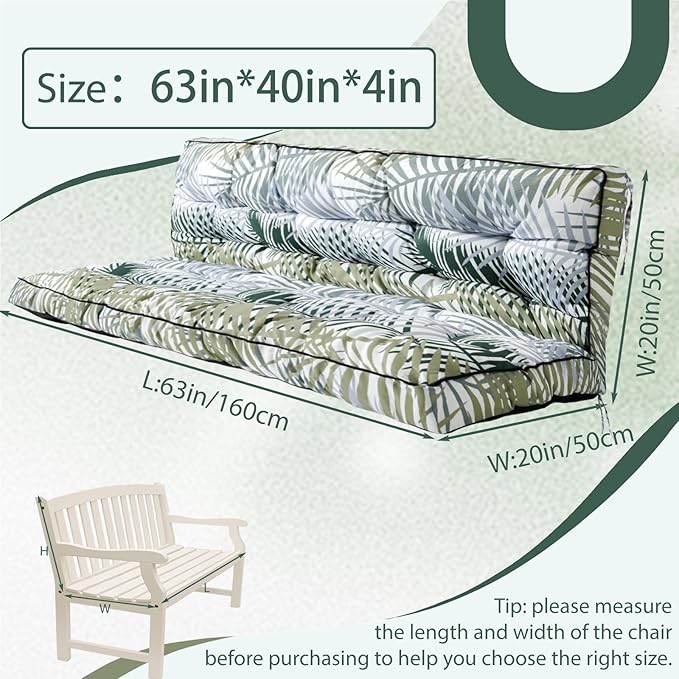 2/3 Seater Swing Replacement Cushion, Waterproof Porch Swing Cushions with Backrest, Thickened Bench Cushions for Outdoor Furniture, for Outdoor Patio Swing (Hawaii, 63 * 40in)
