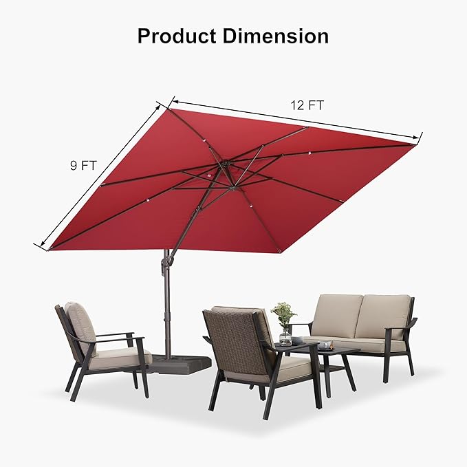 PURPLE LEAF 9' X 11.5' Rectangle Cantilever Umbrella with Base Patio Umbrella Outdoor Aluminum Offset Hanging Umbrella with 360-degree Rotation for Pool Garden Backyard Deck, Terra