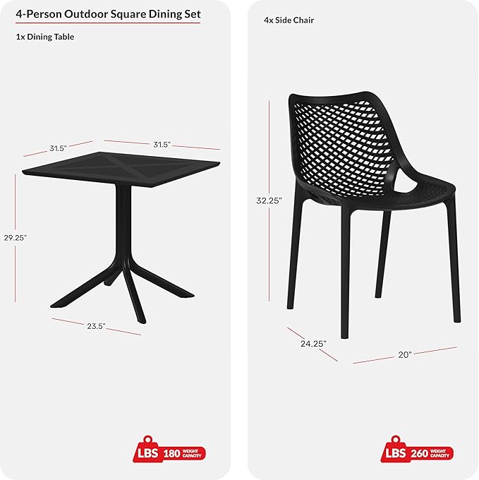 Costaelm Dining Room Chairs Set of 4, HDPE Patio Square Coffee Table and Stackable Chairs, Outdoor Deck Furnitures All Weather for Backyard Poolside, Olive Green
