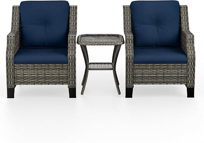 Patio Furniture Set 3 Pieces-Patio Chairs Set of 2 and A Side Table with Thick Cushions and All-Weather PE Wicker for Garden, Patio and Porch, Navy