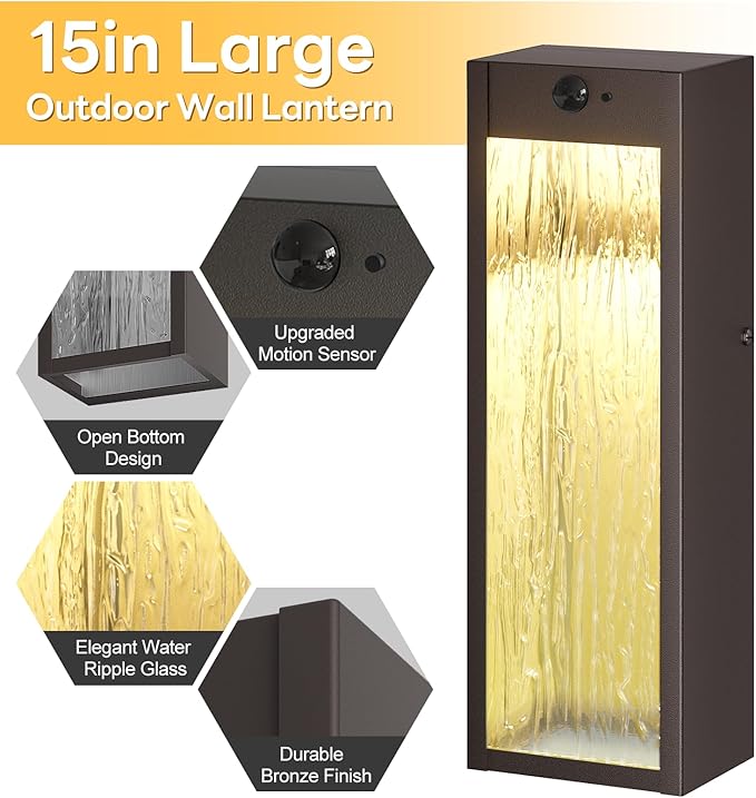 Motion Sensor LED Outdoor Wall Light Fixtures 2 Pack, 15in Exterior Bronze Waterproof Outdoor Lighting, Large Modern Water Ripple Porch Sconces Wall Mounted Outside Lantern for Garage Front Door