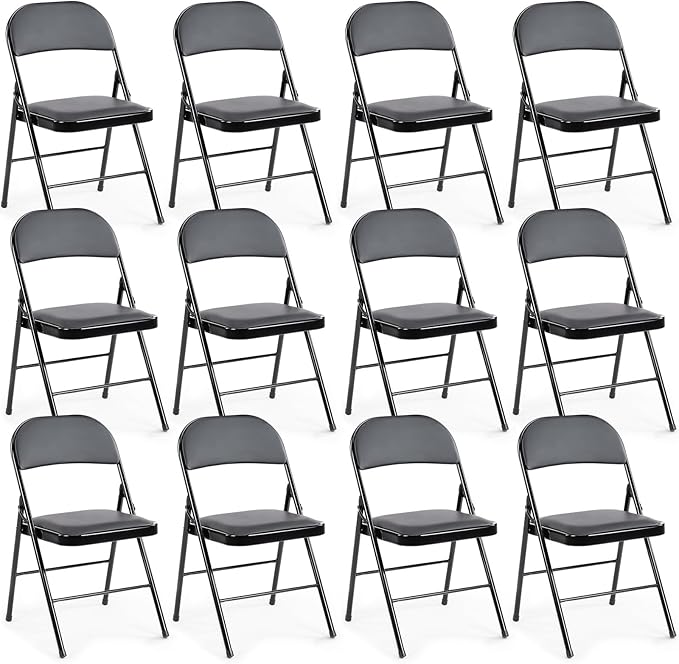 DUMOS 12 Pack Leather Padded Folding Chair, Indoor Outdoor Portable Stackable Commercial Seat with Steel Frame, Capacity for Home, Office, Party, Comfy, Black