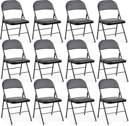 DUMOS 12 Pack Leather Padded Folding Chair, Indoor Outdoor Portable Stackable Commercial Seat with Steel Frame, Capacity for Home, Office, Party, Comfy, Black