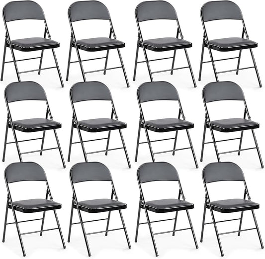 DUMOS 12 Pack Leather Padded Folding Chair, Indoor Outdoor Portable Stackable Commercial Seat with Steel Frame, Capacity for Home, Office, Party, Comfy, Black