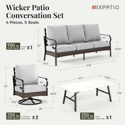 Patio Furniture Set with Firepit Table, Black Frame Outdoor Conversation Set with 2 x Swivel Chairs, 1 x 3-Seat Sofa for Lawn Garden Backyard, Light Grey