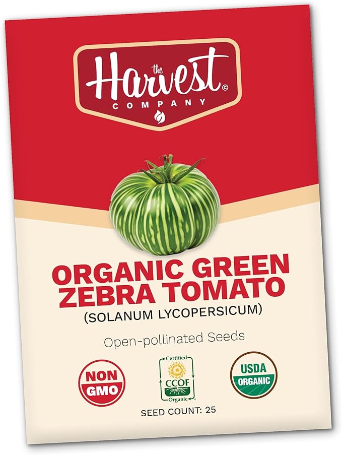 The Harvest Company Organic Green Zebra Tomato, Non-GMO, Certified USDA Organic, Open-Pollinated Garden Seeds for Indoor Outdoor Planting, 25 Seeds