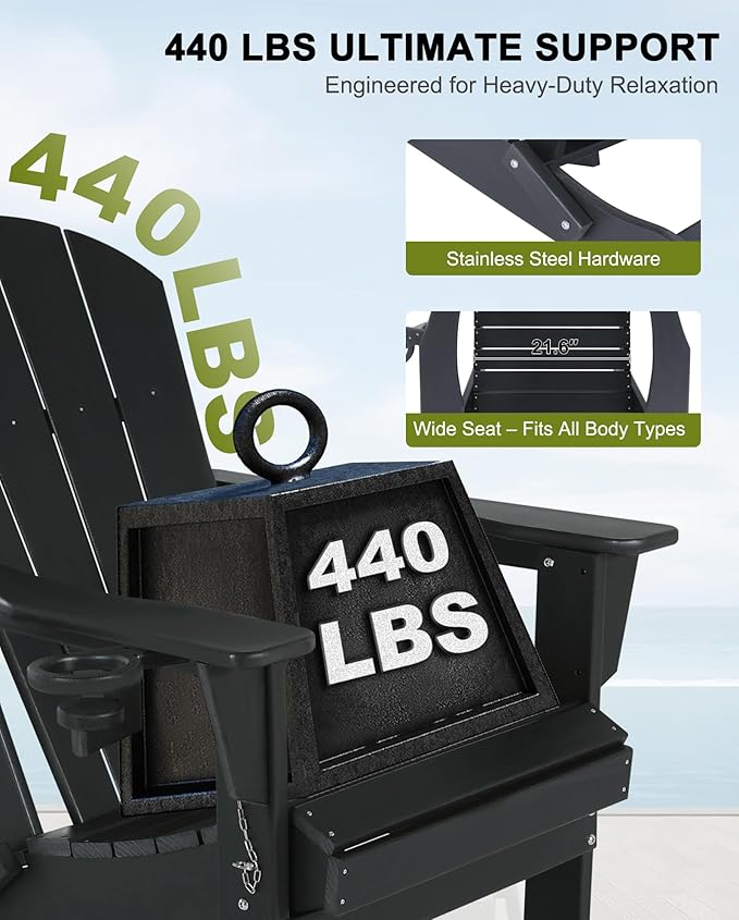 Folding Adirondack Chairs - Plastic Adirondack Chair with Cup Holder, Outdoor Chairs Weather Resistant for Outside, Patio, Lawn, Garden, Backyard Deck, Fire Pit - Black