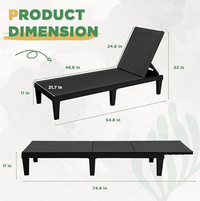 Greesum Outdoor Chaise Lounge Chairs Set of 2 with Adjustable Backrest, Waterproof PE Easy Assembly, Lightweight for Patio, Poolside, Beach, Yard, Black