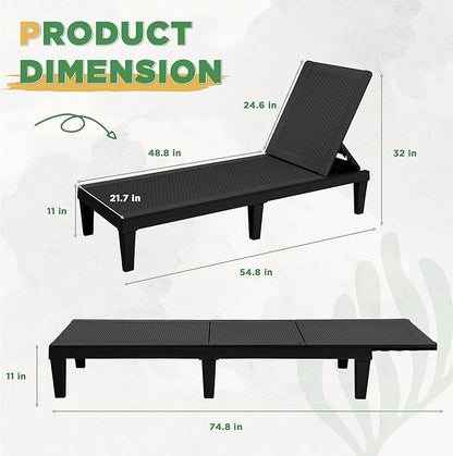 Greesum Outdoor Chaise Lounge Chairs Set of 2 with Adjustable Backrest, Waterproof PE Easy Assembly, Lightweight for Patio, Poolside, Beach, Yard, Black
