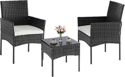 NEWBULIG 3-Piece Patio Furniture Set, Outdoor Wicker Rattan Chairs with Removable Cushion & Tempered Glass Table, Conversation Set Furniture for Porch, Balcony, Deck - Black