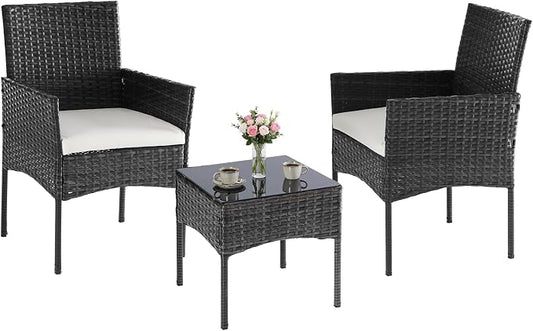 NEWBULIG 3-Piece Patio Furniture Set, Outdoor Wicker Rattan Chairs with Removable Cushion & Tempered Glass Table, Conversation Set Furniture for Porch, Balcony, Deck - Black