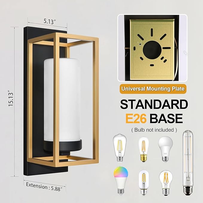 ALVIME Modern Outdoor Wall Light Fixture, 15 Inch 2 Pack Gold Exterior Lighting Fixtures, Waterproof Outdoor Wall Sconce, Porch Outside Lights for House, Garage, Front Door, E26 Base&Etched Opal Glass