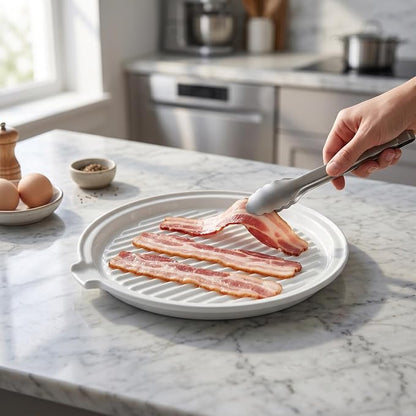 ONEMORE Microwave Bacon Tray Ceramic Bacon Cooker Meat Rack for Oven Cooking Crispy Bacon Maker - 11 inch Round Bacon Dish Plate, White