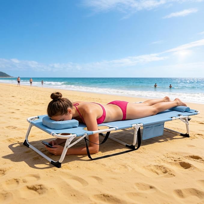 ABORON 3-in-1 Tanning Chair, 5-Position with Face and Arm Holes | 5-position reclining chair includes a removable mat, pillow, face hole and arm slots; folds flat for beach or patio use.