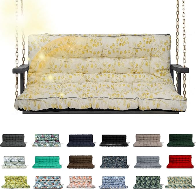 Porch Swing Cushion Three Seat, Waterproof Swing Cushions Replacement with Backrest, Outdoor Garden Furniture Patio 4" Thickened Cushions with Ties (Yellow Leaves, 40 x 63in)