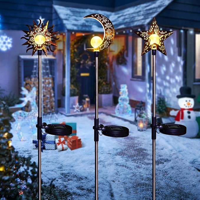 Tryme Solar Lights Outdoor Garden Decorations Sun Moon Star Stake Light Decorative Waterproof Warm White LED Yard Decor for Pathway Lawn Patio Courtyard Backyard