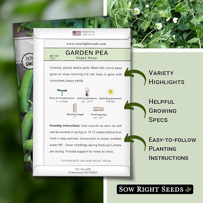 Sow Right Seeds - Sugar Snap Pea Seeds for Planting - Non-GMO Heirloom Packet with Instructions to Plant a Home Vegetable Garden - Grow Tons of Delicious Pods - Cool Season Crop, Super Productive (2)