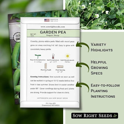 Sow Right Seeds - Sugar Snap Pea Seeds for Planting - Non-GMO Heirloom Packet with Instructions to Plant a Home Vegetable Garden - Grow Tons of Delicious Pods - Cool Season Crop, Super Productive (2)