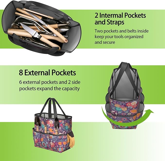 Paisley Garden Tool Bag - Waterproof Garden Tote with 8 Pockets, Large Storage Home Organizer Gardening Tool Oxford Bag for Garden Tools Kits Holder, Ideal Outdoor Gardening Gift for Women & Men