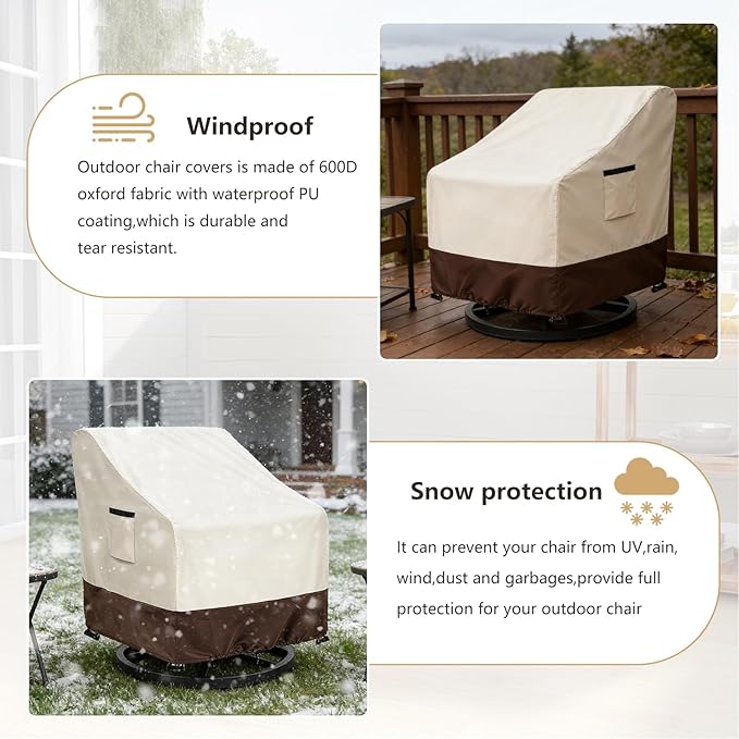 Patio Chair Covers 2 Pack, 35W x 37D x 38.5H inches, 600D Heavy Duty Waterproof Outdoor Furniture Cover, Patio Furniture Covers for Lawn/Garden Chiars, Beige & Brown