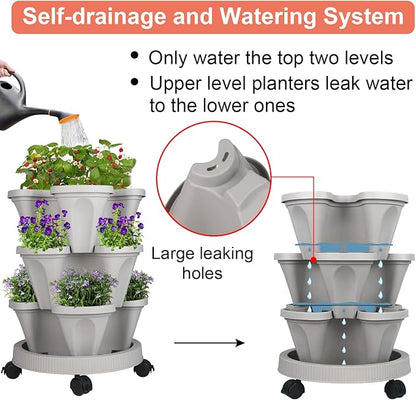 GameXcel Vertical Planter 3 Tier Stackable Planters Garden Planters Strawberry Herb Flower and Vegetable Planter Indoor Outdoor Gardening Pots with Removable Wheels and Tools 2-Pack