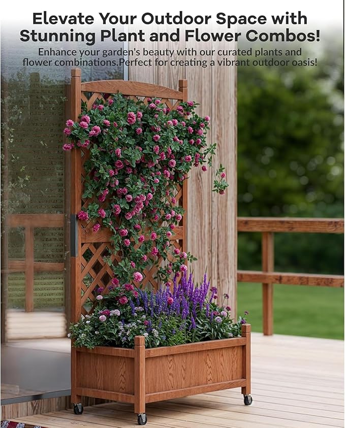 IDEALHOUS Large Raised Garden Bed with Trellis & Wheels, 61" Wooden Mobile Planter Box with Drainage Hole, Freestanding Vertical Planter for Outdoor Indoor Patio Lawn Herbs Flowers Vegetables, 2 Pack