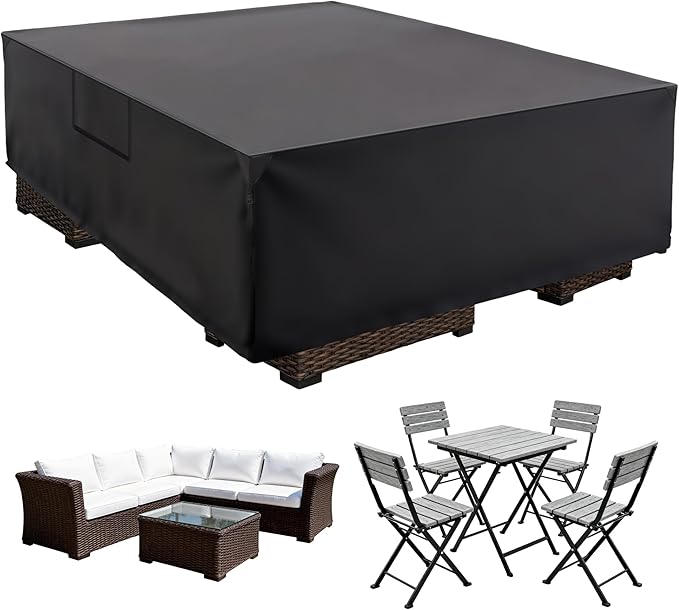 DUMOS Outdoor Furniture Cover Rectangular Heavy Duty 600D Waterproof UV Resistant Patio Sofa Couch Sectional Cover for Deck Table Chairs Backyard Dining Sets, 108"L x 82"W x 28"H, Classic Black