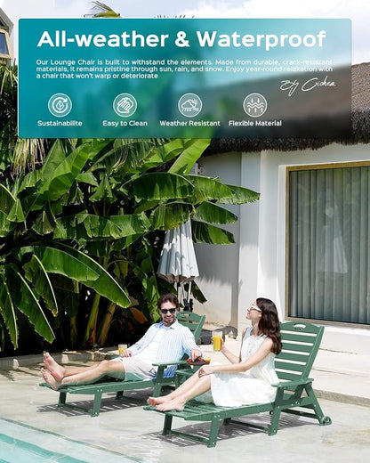 Outdoor Chaise Lounge Chair Set of 2, Patio Lounge Chairs for Outside, HDPE Lounge Chair with Wheels & Cup Holder, Poly Chair with 5 Position for Poolside, Deck, Green