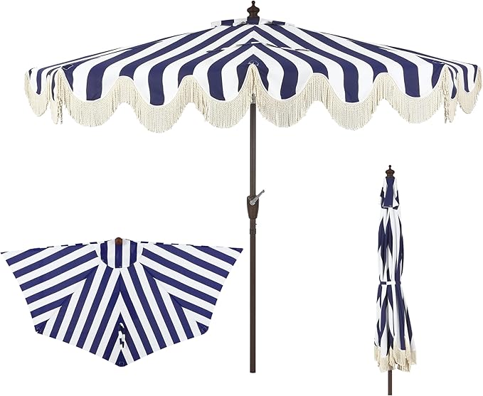 JONATHAN Y Half Umbrella UMB1201B Beverly 9 ft. Designer Classic Scalloped Fringe Market Patio with Crank, Push Button Tilt and UV Protection in Navy/White