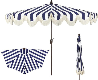 JONATHAN Y Half Umbrella UMB1201B Beverly 9 ft. Designer Classic Scalloped Fringe Market Patio with Crank, Push Button Tilt and UV Protection in Navy/White
