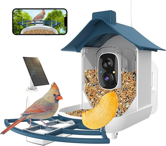 Bird Feeder with Camera,Smart Bird Feeder Camera with AI Identify Instant Notifications,FHD Live View,Birds Watching Camera with Solar Panel in Backyard,Ideal Gift for Family and Birds Lover,Navy Blue