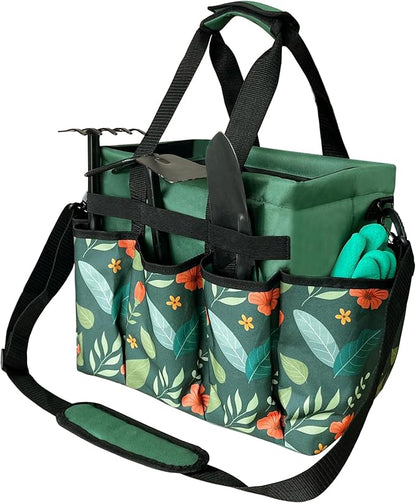 Standable Garden Tool Bag for Women, Oxford Multi-Pocket Gardening Tote with Hard Bottom & Adjustable Shoulder Strap