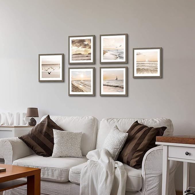 Framed Beach Scenery Wall Art：6 Pieces Small Calming Seaside Painting Nature Coastal Sunrise Prints Tropical Multi Seascape Photography Artwork Ocean Seagulls Picture for Bathroom Bedroom Office