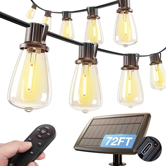 addlon 72FT Solar String Lights Outdoor, Waterproof Solar Powered Outside Lights with Remote & USB Port, ST38 LED Shatterproof Bulbs, Dimmable Solar Light for Camping Backyard Porch