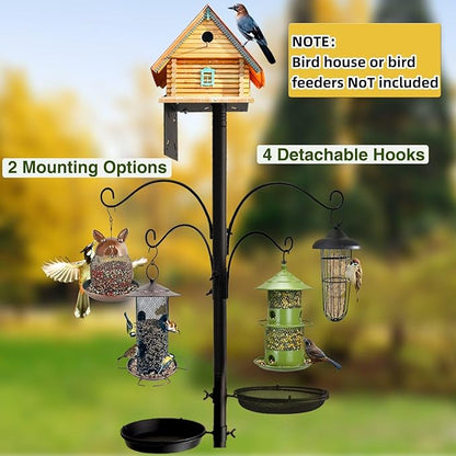 Bird Feeder Pole - 92 Inch Heavy Duty Birdhouse Stand with Squirrel Proof Baffle for Outdoor, Adjustable Bird Feeding Station with Multi Shepherds Hooks Mental Trays for Garden Attracting Wild Birds