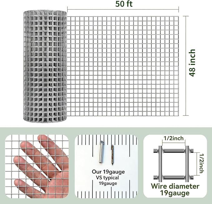 Amagabeli Hardware Cloth 1/2 inch 48inx50ft True19 Gauge Chicken Wire Double Galvanized Welded Wire Fencing Mesh Roll Garden Plant Support Poultry Netting Rabbit Cage Snake Gopher Fence