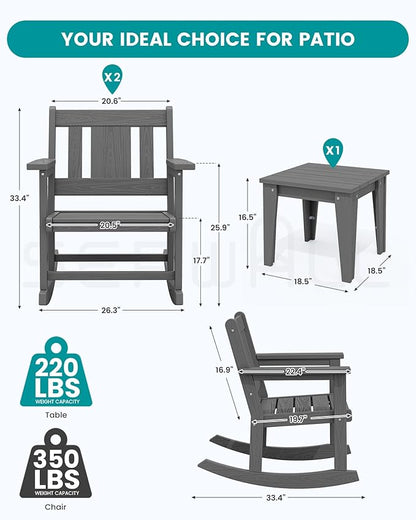 SERWALL Outdoor Rocking Bistro Set, HDPE Patio Furniture Set, Porch Rocking Chair Set with Table for Backyard, Balcony, and Garden- Grey