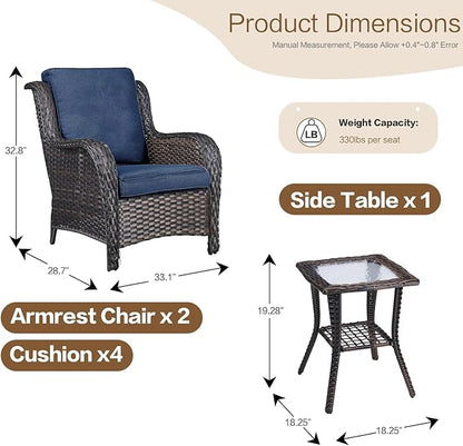 3 Pieces Patio Furniture Conversation Set PE Rattan Wicker Outdoor with 2 Armrest Chair and 1 Coffee Side Table, Soft Thick Washable Cushion for Yard Backyard Poolside (Brown/Navy Blue)