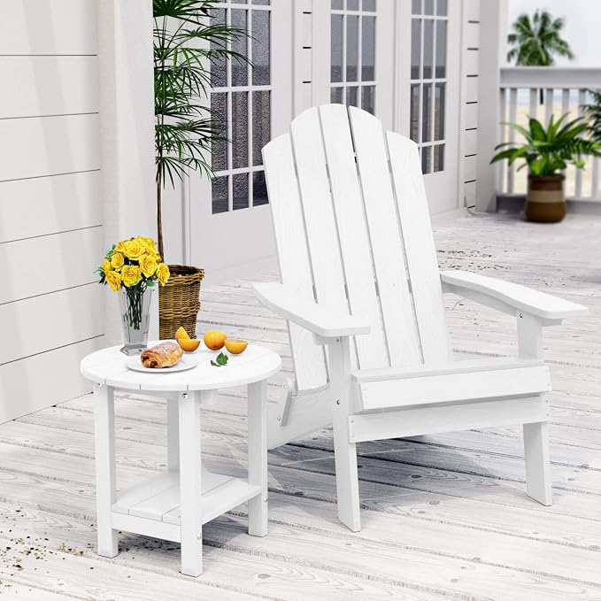 MXIMU Round Outdoor Side Table Adirondack Tables 18 Inch Chairside End Tables with Storage Shelf, 2-Tier Plastic Patio Side Table, Weather Resistant for Balcony Backyard Lawn (White, 2 Pack)