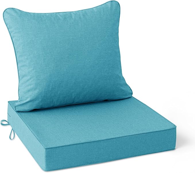 Summsun Faux Linen Outdoor Chair Cushions, Water Resistant Backrest and Deep Seat Cushion Set with Removable Cover, Straps, Non-Slip Bottom for Patio Furniture, 22 x 22 Inch, Teal