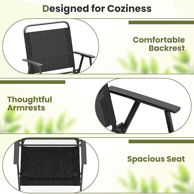 Tangkula Outdoor Folding Chairs Set of 2, Patio Dining Chairs with Breathable Fabric Seat & Cozy Armrests, Heavy-Duty Metal Frame, Portable Lawn Chairs for Backyard, Porch, Camping (2, Black)