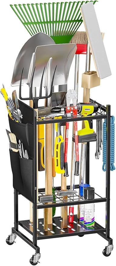 Garden Tool Organizer with Wheels, Rolling Yard Tool Tower Rack Carts for Garage Organization with Large Tool Bags with Pockets, Up to 35 Long-Handled Tools/Rakes/Brooms for Shed, Outdoor, Black