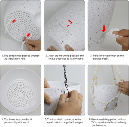 10 inch Self Watering Hanging Planters, 2 Pack Hanging Baskets for Indoor Outdoor Plants, Hanging Flower Pots with Drainage Holes and 2 Kinds of Plant Hangers for Garden Decor, Speckled White