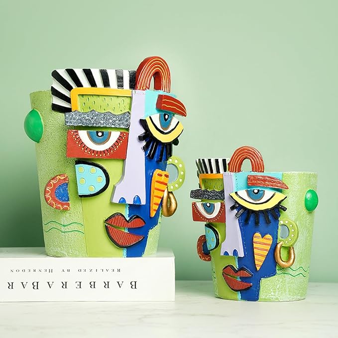 Picasso Abstract Face Flower Pot Colorful Art Flower Vase with Facial Expressions Unique Head Planter for Indoor Outdoor Cute Plant Decor (Large)