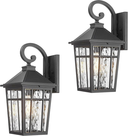 Outdoor Light Fixture 14 Inch Height Outside Wall Lights Black Finish and Water Ripple Glass Exterior Lights for House Garage Porch and Garden E26 Socket 2-Pack